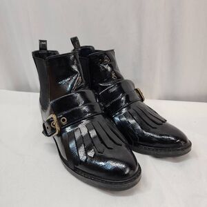Marc Fisher Size 7 Brigita Black Kiltie Ankle Boots Patent Leather Fringe Buckle